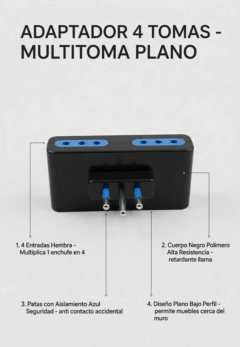 Adaptador Enchufe 4 Tomas Triple Plano Multitoma Negro Azul Seguridad