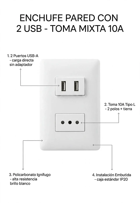 Enchufe Pared Blanco con 2 USB Toma Corriente Mixto 10A Empotrable