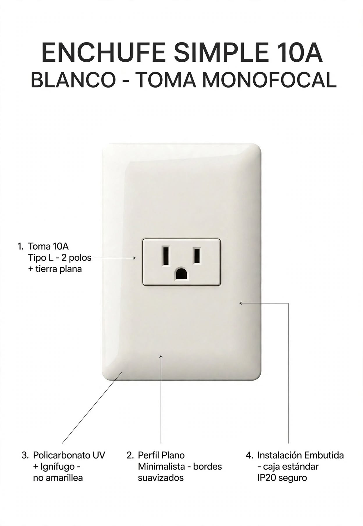 Enchufe Simple 10A Blanco Brillante Empotrable Monofocal 2