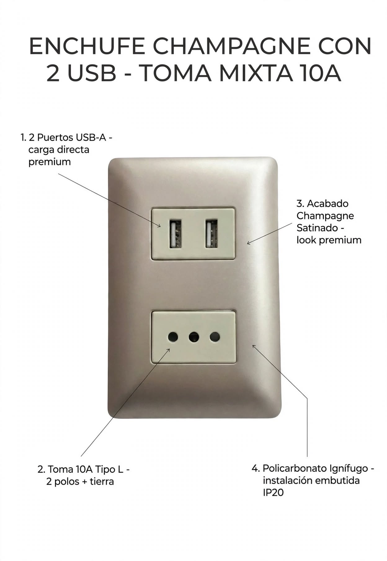 Enchufe Simple Champagne 10A con Puerto USB Toma Mixta Empotrable 2