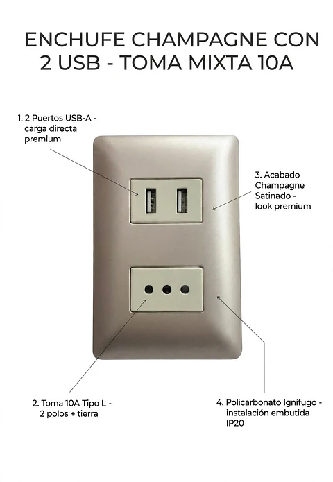 Enchufe Simple Champagne 10A con Puerto USB Toma Mixta Empotrable