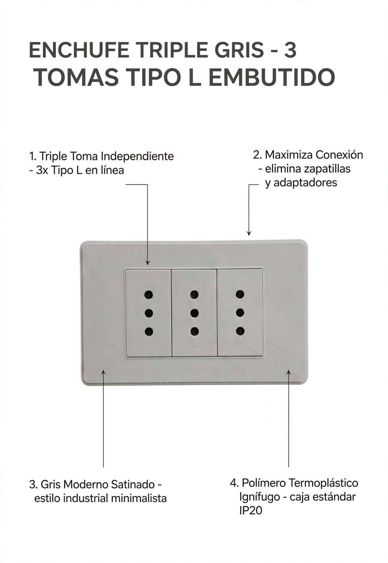 Enchufe Triple Gris Embutido 3 Tomas Tipo L Empotrable 2