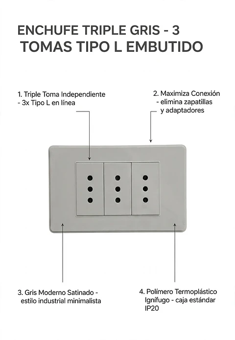 Enchufe Triple Gris Embutido 3 Tomas Tipo L Empotrable