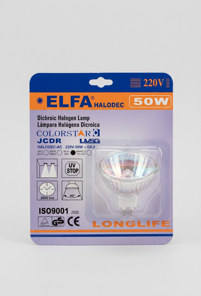 Ampolleta Rojo Halógena Dicróica JCDR GU5.3 220V 50W Elfa HALODEC 40° 2000 hrs 1