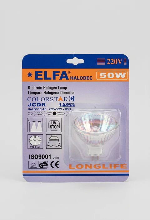 Ampolleta Rojo Halógena Dicróica JCDR GU5.3 220V 50W Elfa HALODEC 40° 2000 hrs