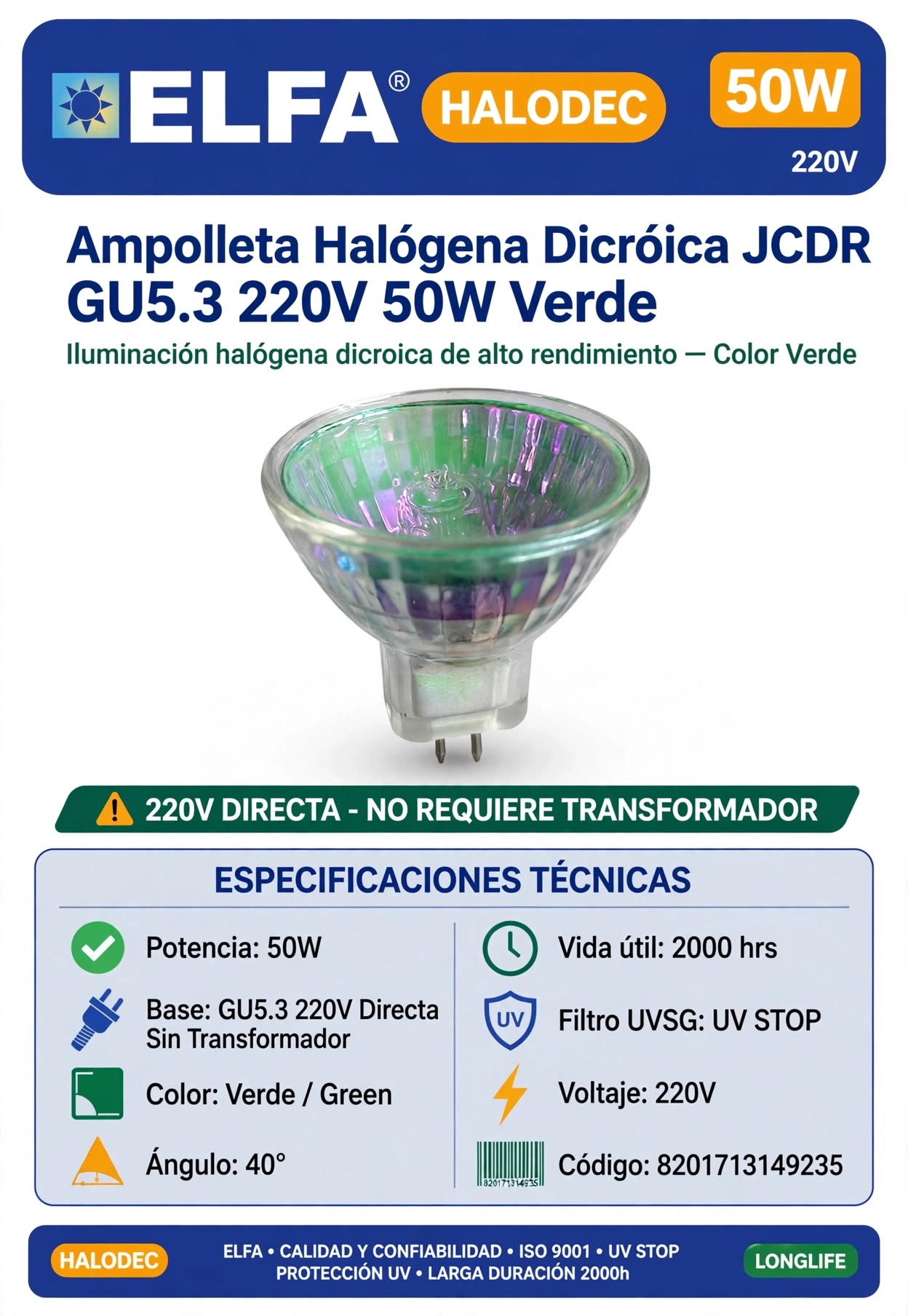 Ampolleta Halógena Dicróica JCDR GU5.3 220V 50W Luz Verde Elfa HALODEC 40° 2000 hrs 3