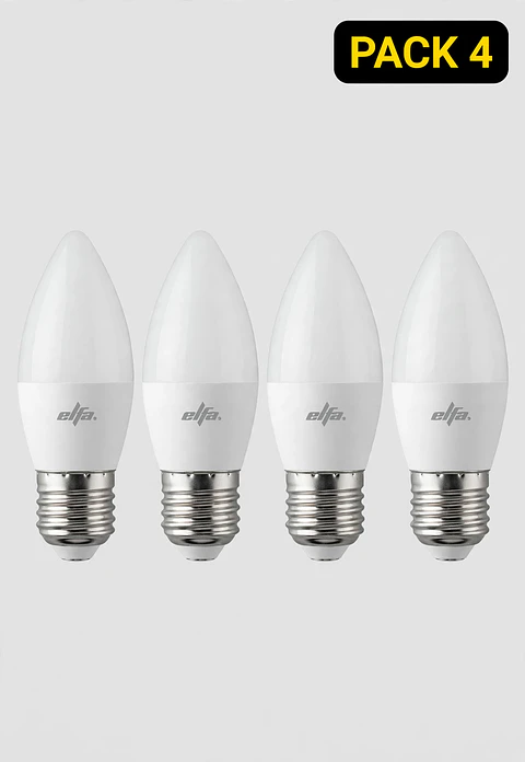 Pack 4 Ampolletas LED Vela E27 6W Luz Fría 6000K 600lm Elfa 10cm