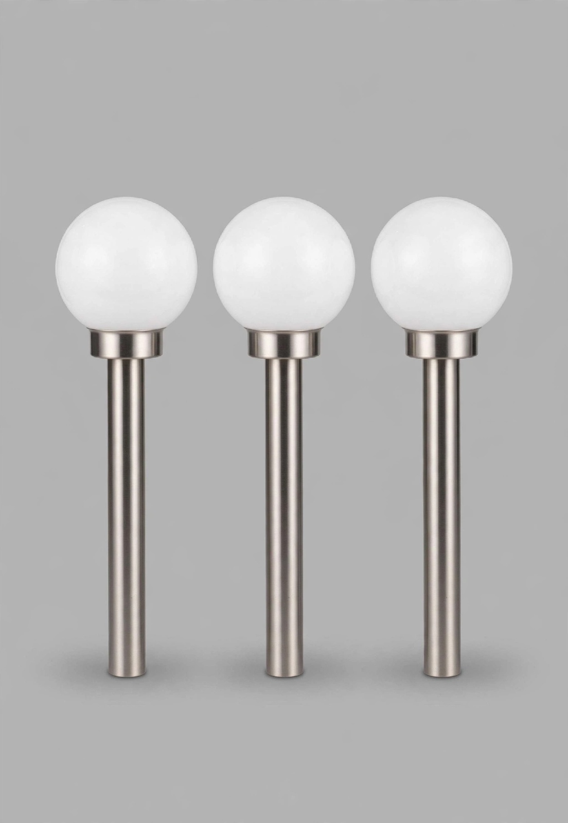 Lampará de Jardin 3 Estacas  P44 Acero Inoxidable Esfera Opal Blanca G4 32cm Para Sendero Cesped Terraza 1