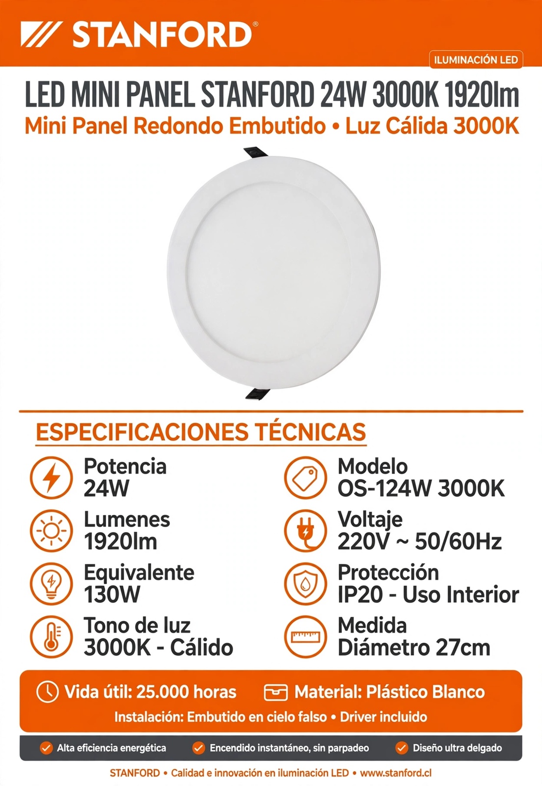 Foco embutido redondo 24W 3000K S 3