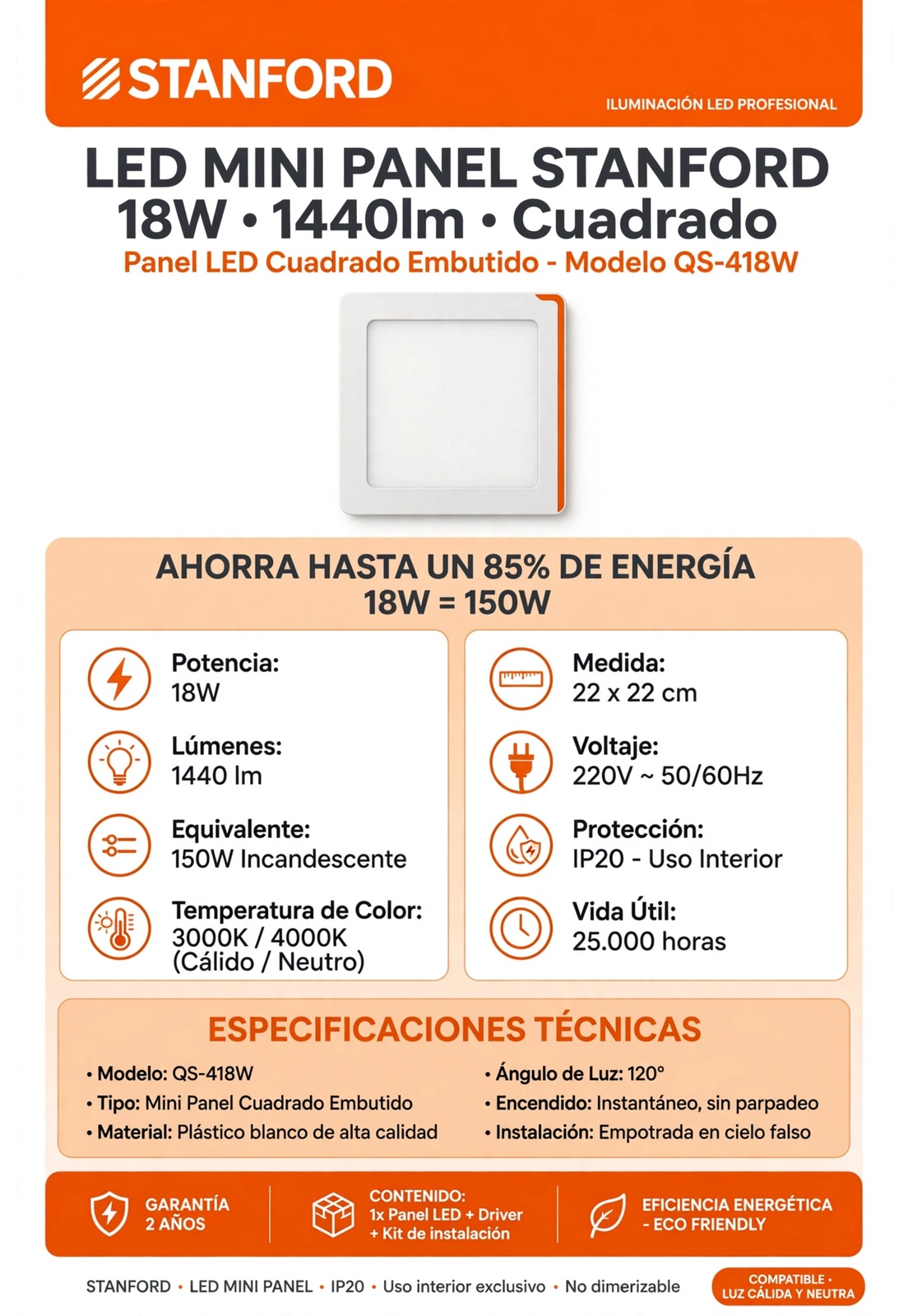 Foco sobrepuesto cuadrado 18W 3000K 3
