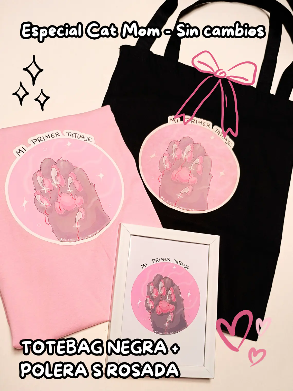 PACK Cat Mom - Tattoo (Polera Rosada Talla S + Totebag) 1
