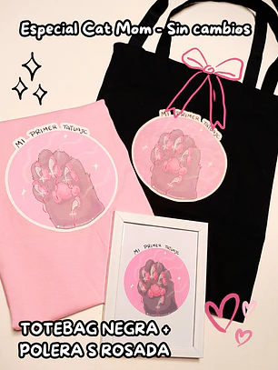 PACK Cat Mom - Tattoo (Polera Rosada Talla S + Totebag)