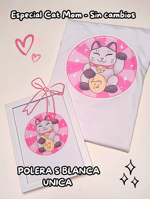 PACK Cat Mom - Maneki Neko (Polera Blanca Talla S)