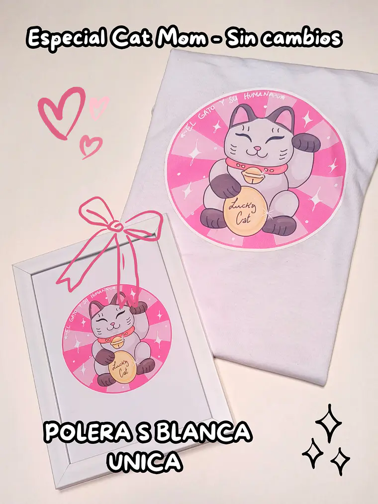 PACK Cat Mom - Maneki Neko (Polera Blanca Talla S) 1