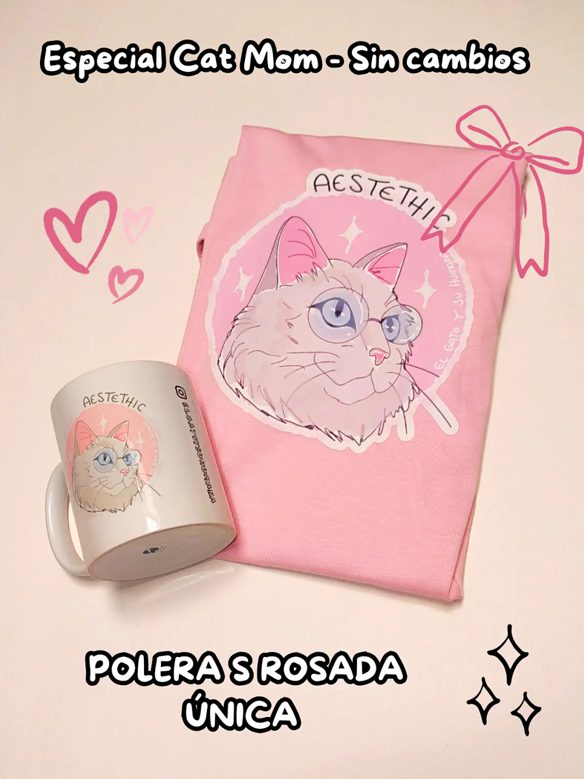PACK Cat Mom - Aesthetic (Polera Rosada Talla S + Taza) 1