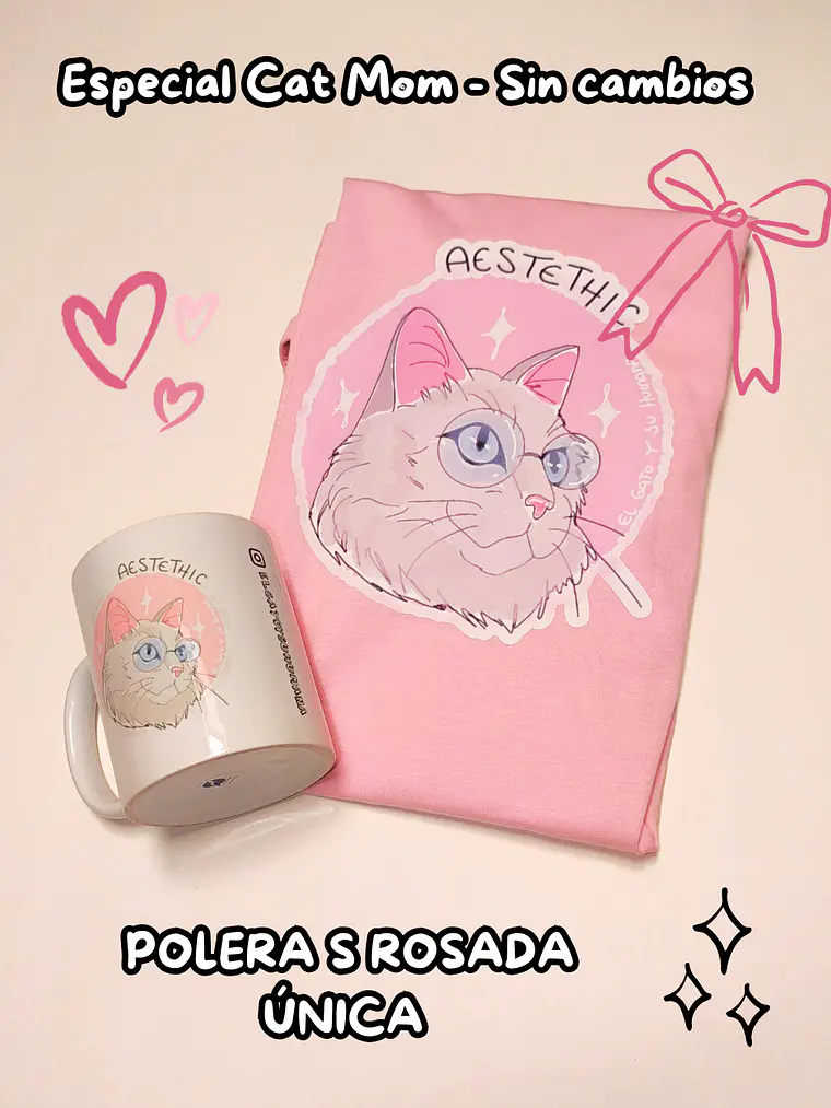 PACK Cat Mom - Aesthetic (Polera Rosada Talla S + Taza) 1
