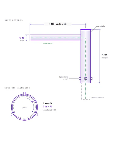 BRAZO GALVANIZADO PARA POSTE 1 SALIDA Ø48MM – Panel Monocristalino MPPT | Batería LiFePO4 Alumbrado Público