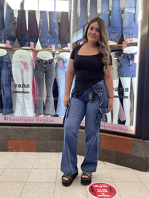 wide leg cargo azul medio 