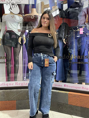 WIDE LEG AZUL JASPEADO  RECTO BOLSILLOS CARGO 