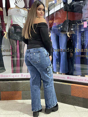 WIDE LEG AZUL JASPEADO  RECTO BOLSILLOS CARGO 