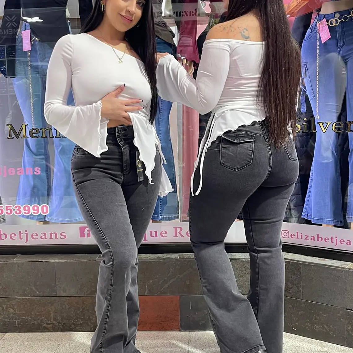 flare jeans pretina ancha  gris oscuro tapitas  1
