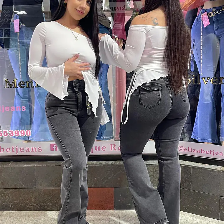 flare jeans pretina ancha  gris oscuro tapitas  1