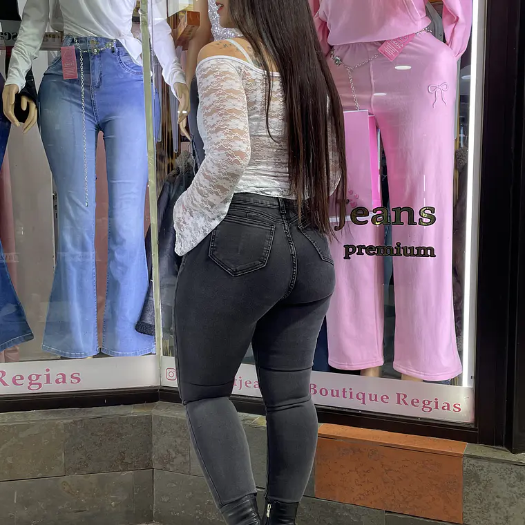 SKINNY JEANS  UN BOTON TIRO ALTO GRIS DESTELLOS  2