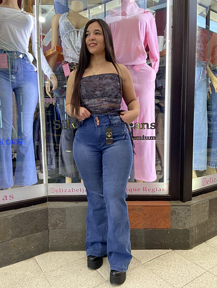flare jeans  tapitas pretina ancha reductor celeste medio 