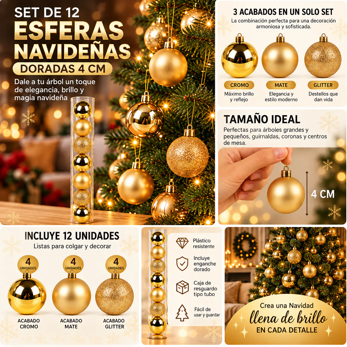 Set 12 Esferas Navideñas Doradas 4 cm – Cromo, Mate y Glitter 2