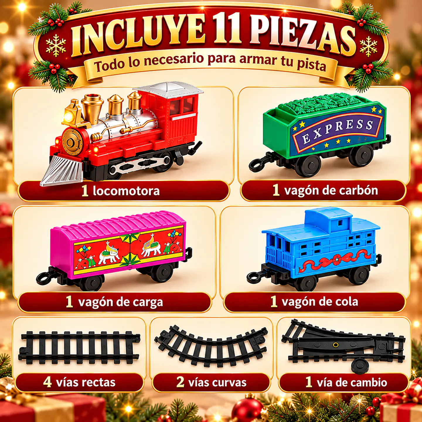 Tren Navideño Eléctrico Express 11 Piezas con Luces y Sonidos 2