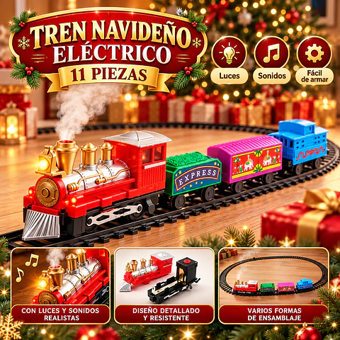 Tren Navideño Eléctrico Express 11 Piezas con Luces y Sonidos