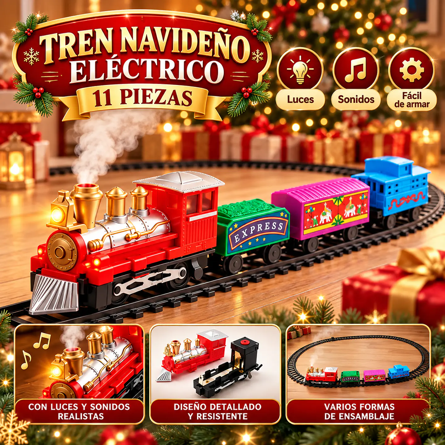 Tren Navideño Eléctrico Express 11 Piezas con Luces y Sonidos 1