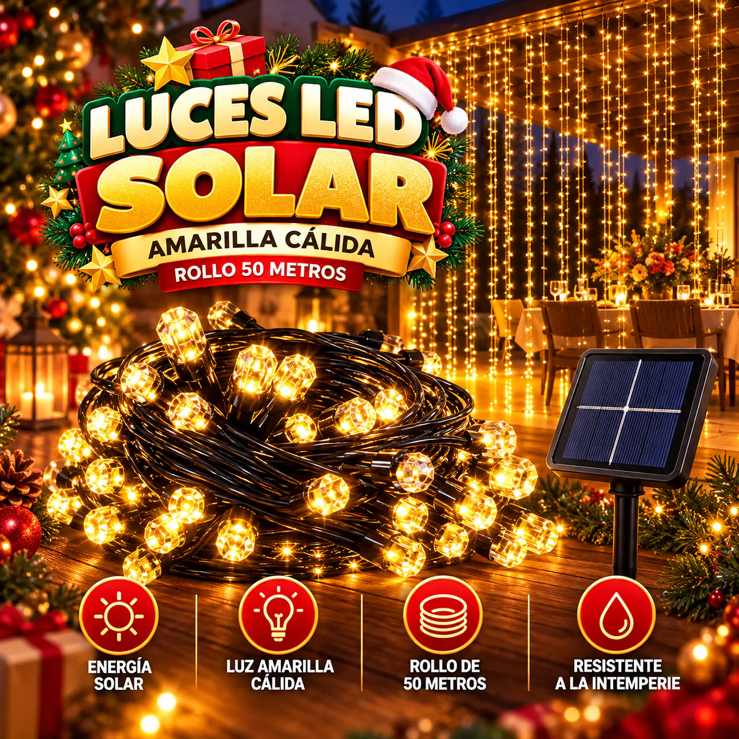 Luces led solar amarilla cálida - Rollo 50 Metros 1