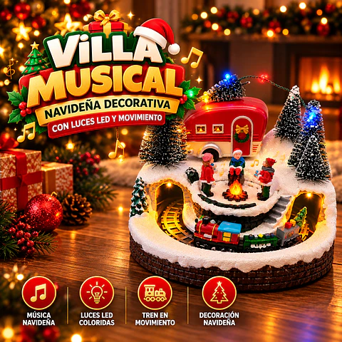 Villa Musical Navideña - Decorativa con Luces LED y Movimiento