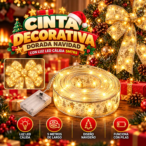 Cinta Decorativa Dorada - Navidad Con Luz Led Cálida 5mtrs