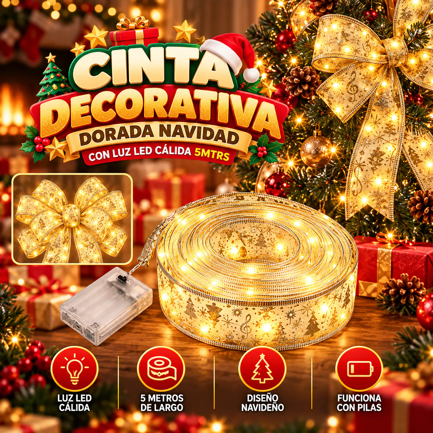 Cinta Decorativa Dorada - Navidad Con Luz Led Cálida 5mtrs 1