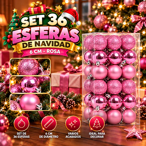 Set 36 Esferas Bolas de Navidad 6 cm Rosa Decoración