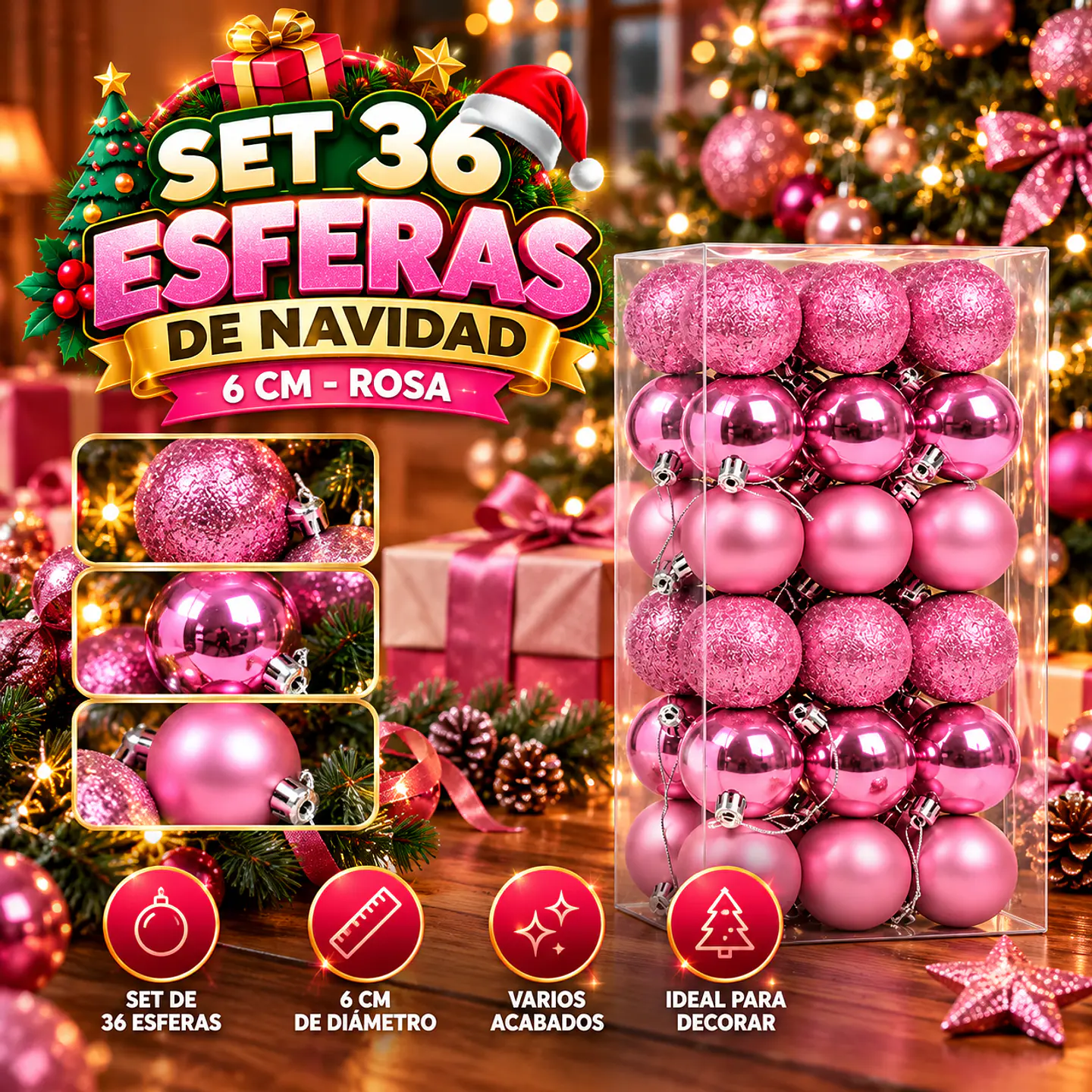Set 36 Esferas Bolas de Navidad 6 cm Rosa Decoración 1