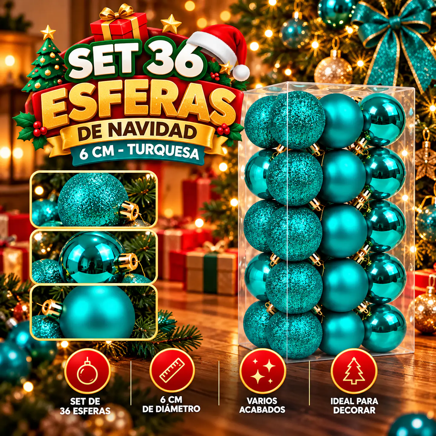 Set 36 Esferas Bolas de Navidad 6 cm Turquesa Decoración 1