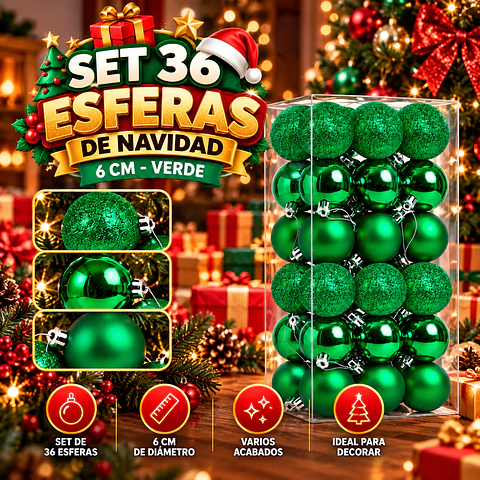 Set 36 Esferas Bolas de Navidad 6 cm Verde Decoración