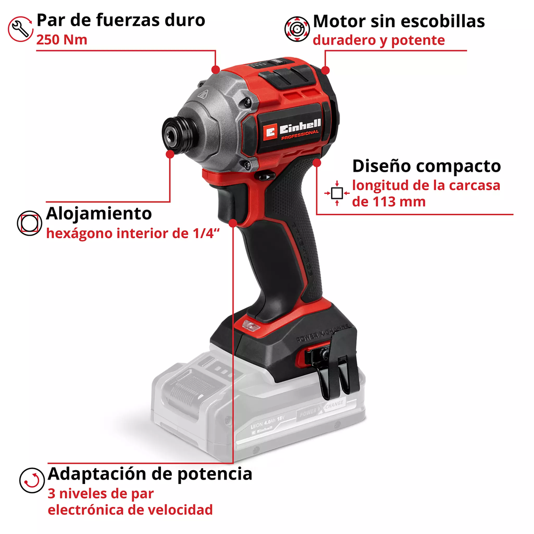 Atornillador de Impacto Inalámbrico 18V + Batería 4.0Ah y Cargador – Einhell TP-CI 18/250 Li BL Power X-Change 2
