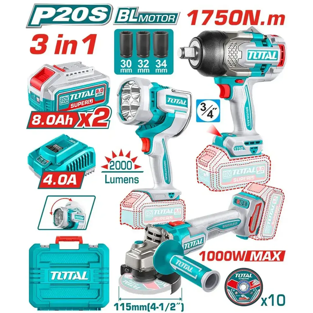 TOTAL KIT LLAVE IMPACTO + ESMERIL + LAMPARA 20V # TOSLI250593 1