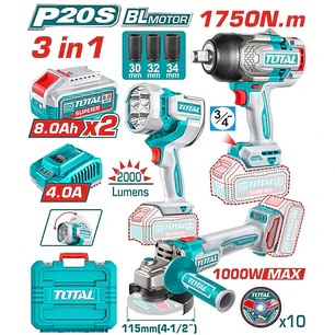 TOTAL KIT LLAVE IMPACTO + ESMERIL + LAMPARA 20V # TOSLI250593