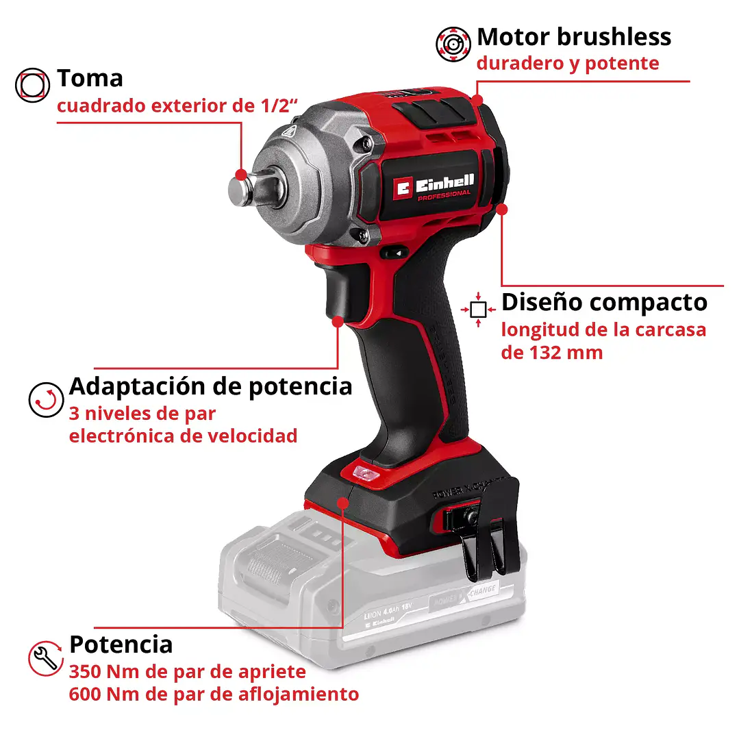 Llave de Impacto Inalámbrica Einhell TP-CW 18/350-C Li BL + Starter Kit 18V 4,0Ah Brushless 2
