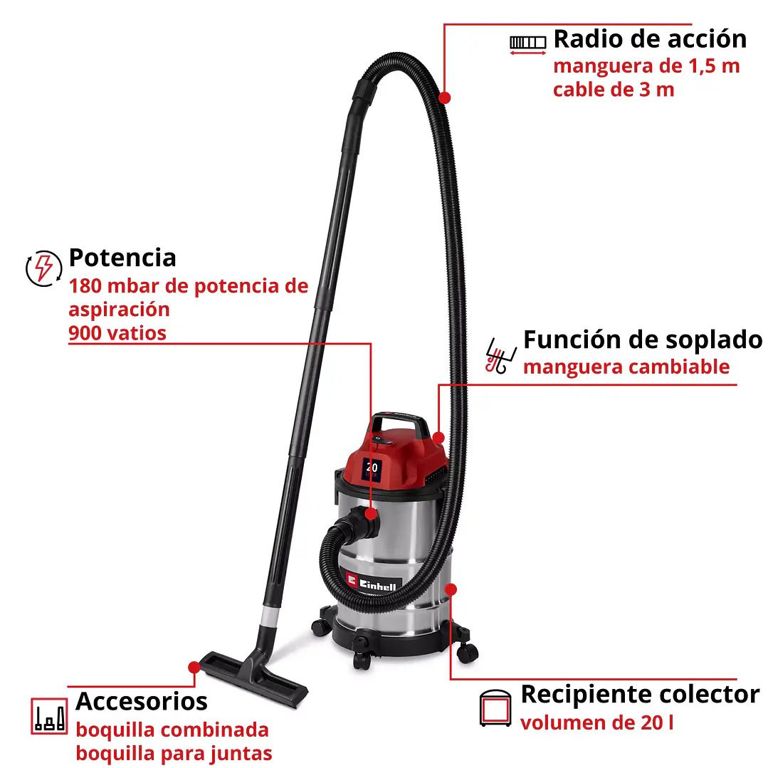 Aspiradora eléctrica Seco/Húmedo Einhell TC-VC 2045 S 900 W 20 L 2