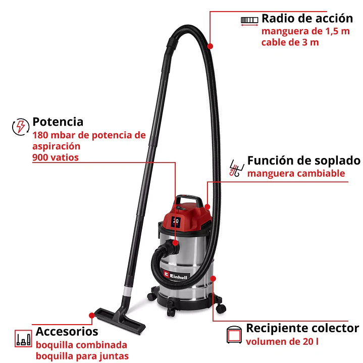 Aspiradora eléctrica Seco/Húmedo Einhell TC-VC 2045 S 900 W 20 L 2