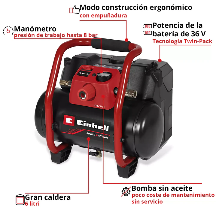 Compresor de Aire Inalámbrico TE-AC 36/150 Li OF Einhell 36V + 2 Baterías 18V 2,5Ah 2