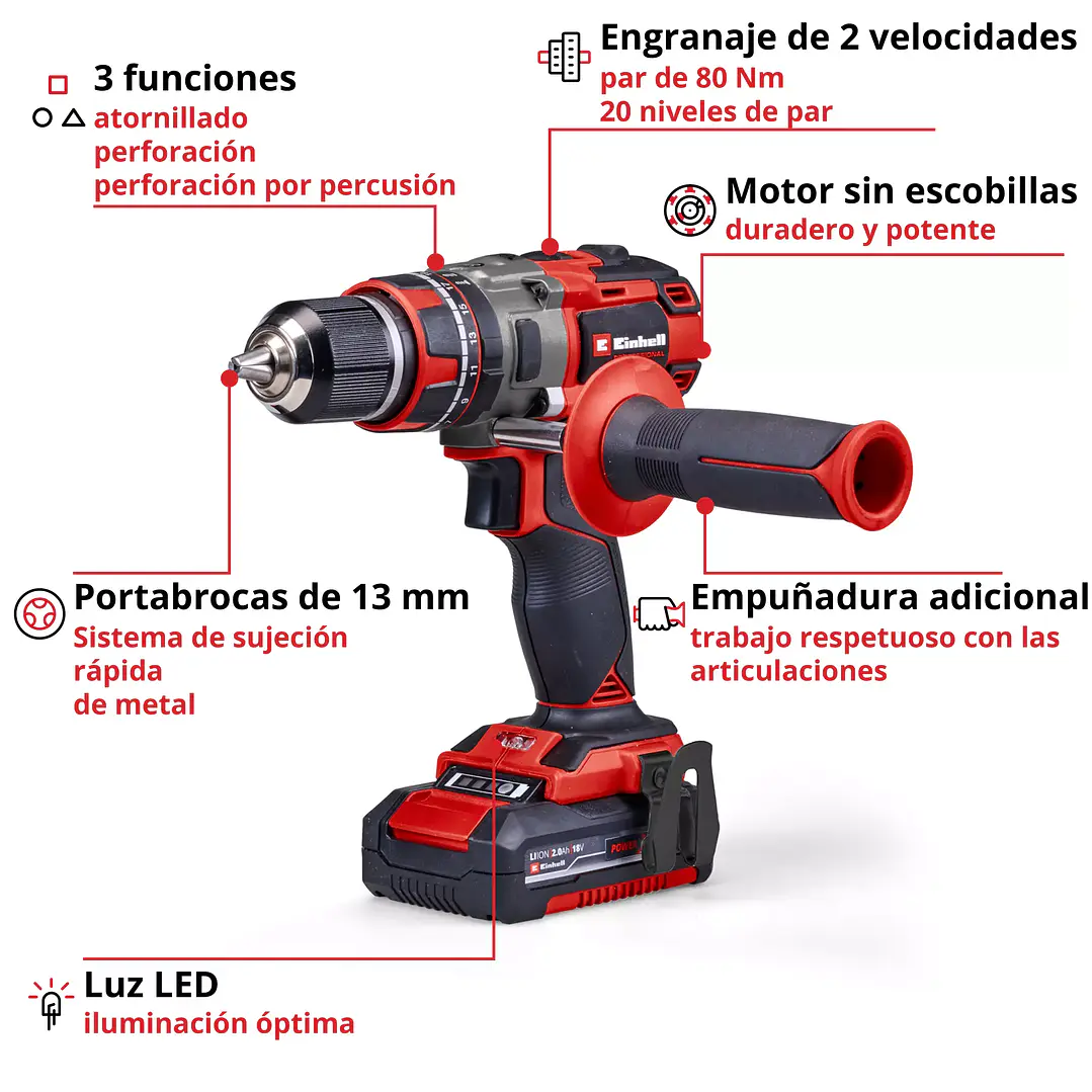 Taladro de Impacto Inalámbrico TP-CD 18/80 Li-i BL Einhell 18V + 2 Baterí­as 2,0Ah 3