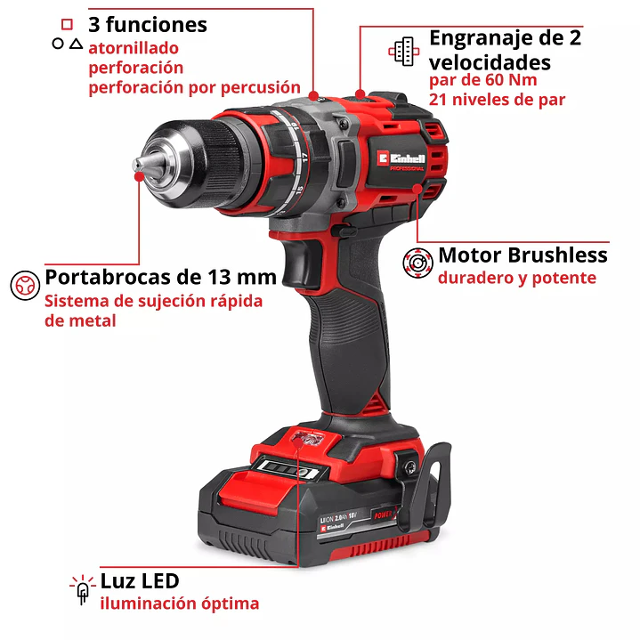 Taladro Percutor Inalámbrico Einhell Professional TP-CD 18/60 Li-i BL – 18 V + Batería 2,0 Ah 3