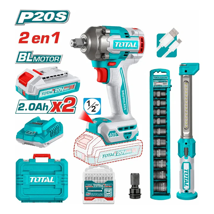 Llave De Impacto 20v + Linterna + Dados Total 1